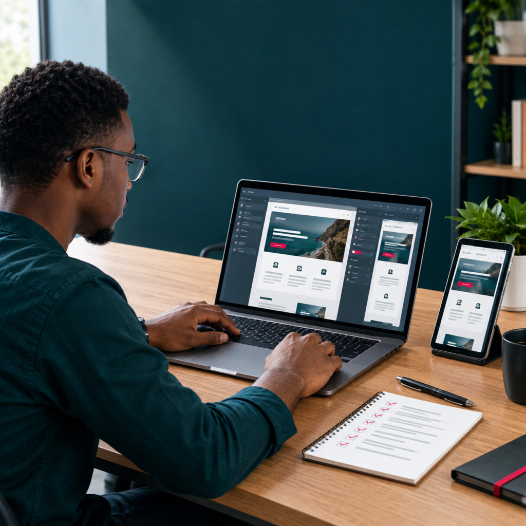 Professionnel travaillant sur la création structurée d’un site WordPress.